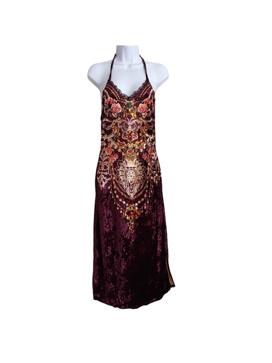 Shien Dresses & Skirts - Womens Baroque Velvet Slip Dress Grunge Y2K Sleeze Floral Lace Trim Midi Boho